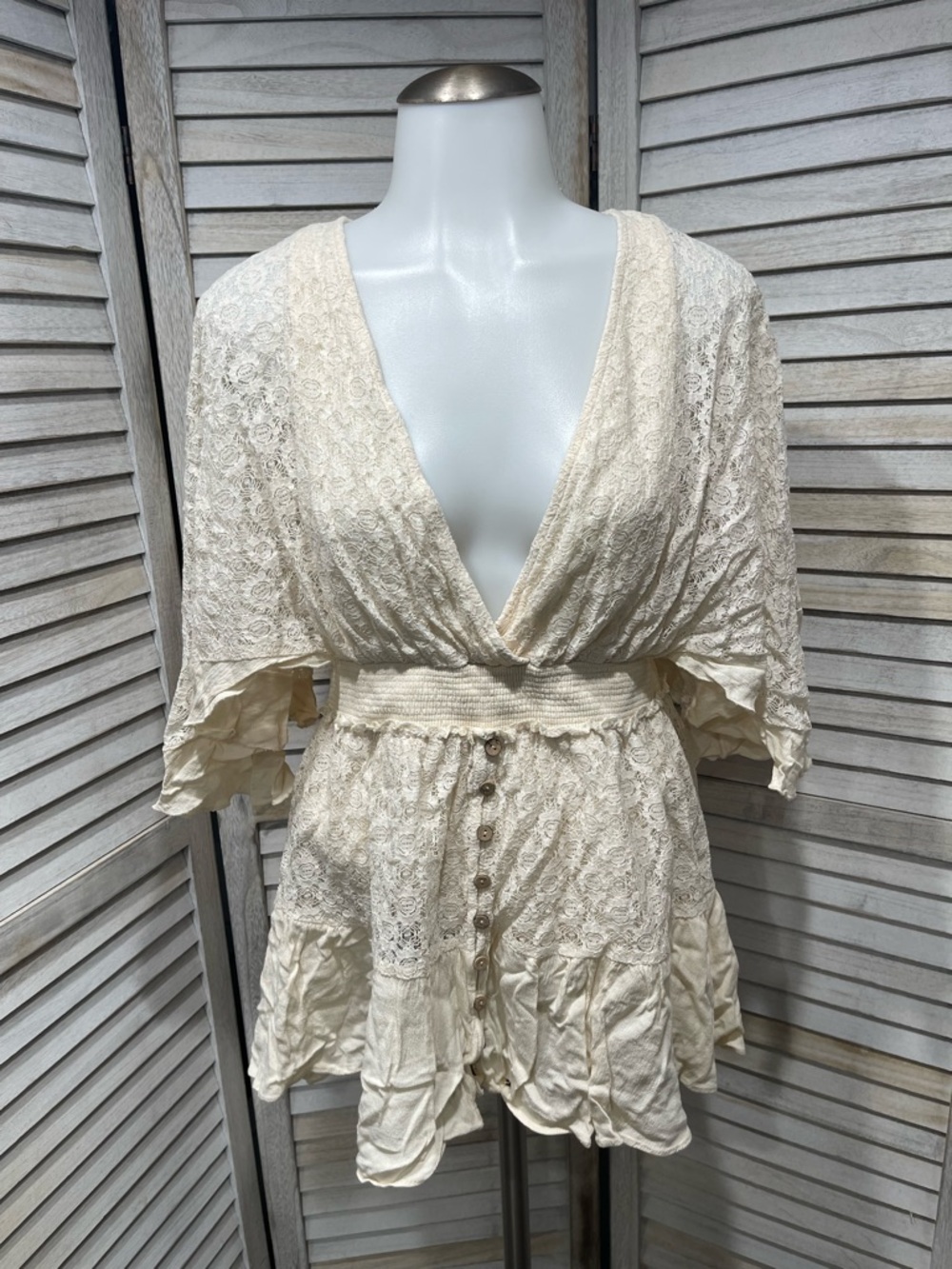 Cream Lace V-Neck Button-Front Smocked-Waist Blouse